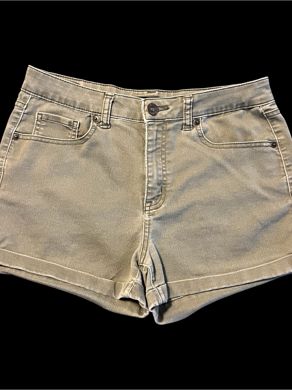 Aeropostale Olive Green High Waisted Midi Denim Jean Shorts, Cuffed Hems Size 10
